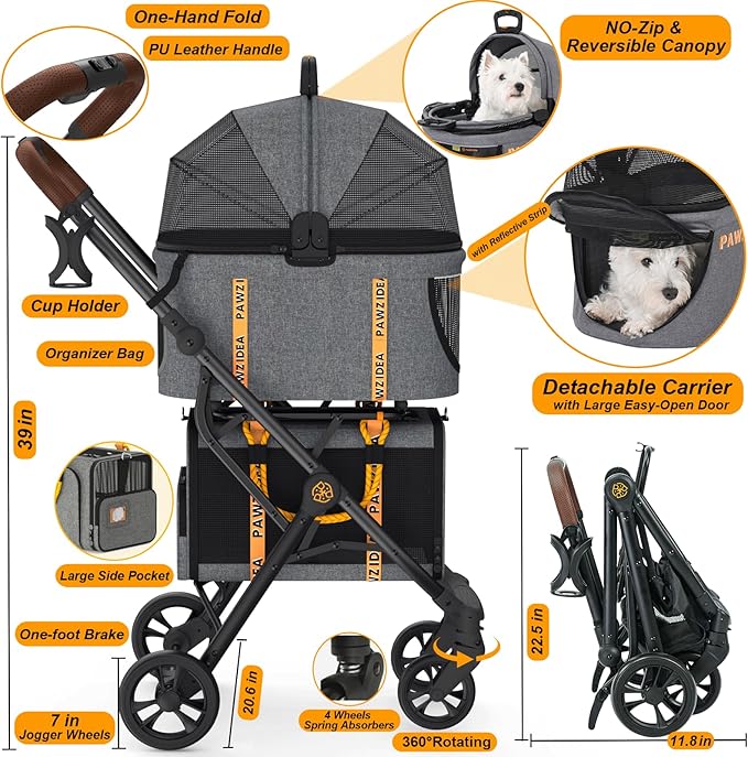 PAWZIDEA Double Pet Stroller for 2 Cats Dogs Small & Medium, TSA Airline Approved Cat Carrier Expandable, Cat Stroller with Removable Carrier Bag, 2 Dog Stroller Detachable Carrier, Travel Car Seat