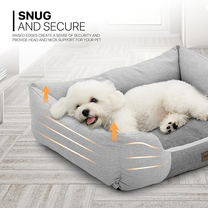 MoNiBloom 27"x21"x7" Dog Beds for Medium Small Dogs Machine-Washable Linen-Like Fabric Pet Beds Warming Cozy Soft Bed for Dogs and Cat