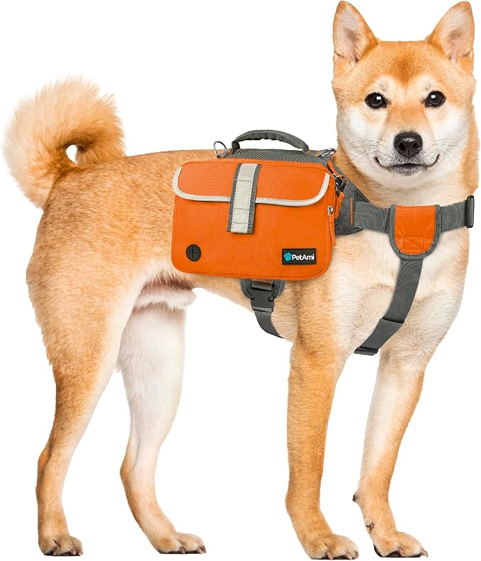 PetAmi Dog Backpack for Medium Large Dogs, Dog Saddle Bag for Dogs to Wear, Harness Saddlebag with Reflective Safety Side Pockets for Hiking, Camping, Vest Dog Pack for Travel (Orange, Large)