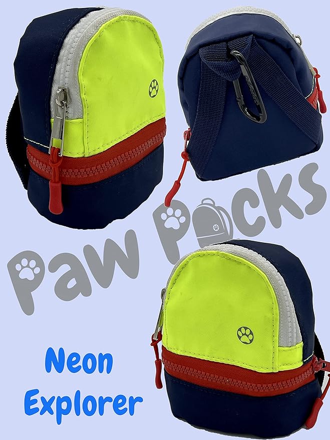 LLC Dog Backpack, Cat Backpack, Small Carrier | Clip on Harness or Leash, Fun Pet Treat Holder, Toy Bag, or Waste Dispenser | OG Neon Series Color (Neon Explorer)