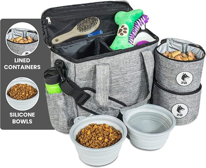 Grey Dog Travel Bag for Supplies - Includes Travel Bag, Travel Dog Bowls, Food Storage - Airline Approved Dog Bags for Traveling - Dog Travel Accessories for Camping, Beach