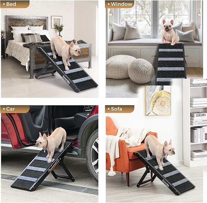 18" Tall Adjustable Pet Ramp - Small Dog Use Only - Wooden Folding Portable Dog & Cat Ramp Perfect for Couch or Bed with Non Slip Carpet Surface - 4 Levels Height Adjustable Up to 90Lbs