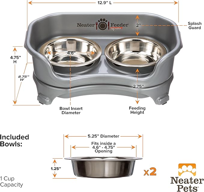 Neater Feeder - Express Model - Mess-Proof Cat Bowls (Cat, Gunmetal Grey) – Made in USA – Elevated, No Spill, Non-Tip, Non-Slip, Raised Stainless Steel Food & Water Pet Bowls