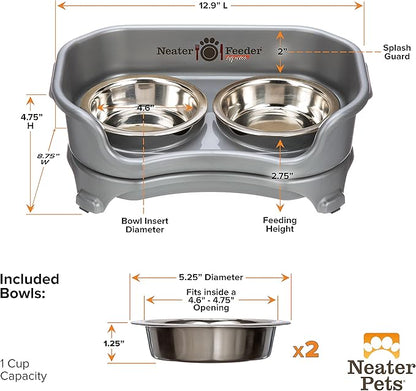 Neater Feeder - Express Model - Mess-Proof Cat Bowls (Cat, Gunmetal Grey) – Made in USA – Elevated, No Spill, Non-Tip, Non-Slip, Raised Stainless Steel Food & Water Pet Bowls