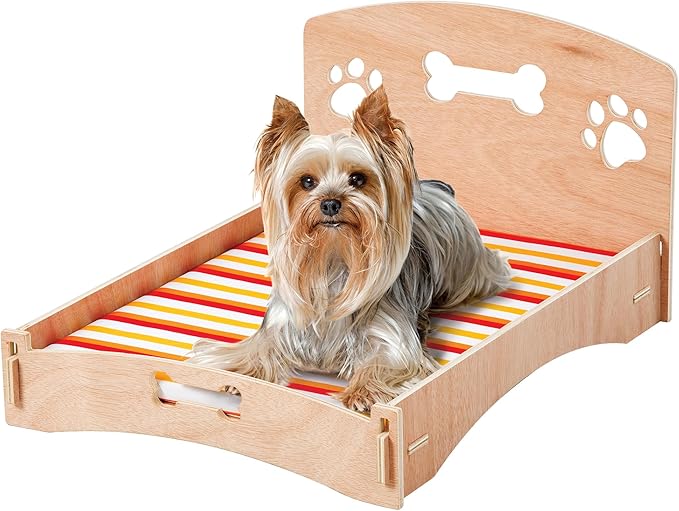 Etna Products Wooden Dog Bed Bone and Footprint Design with Removable Stripe Cushion 22" L 16" W 12" H