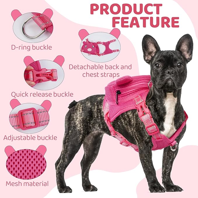 Dog Harness with Backpack No Pull Pet Harness Vest, Cute Pink Pig Dog Saddle Bag Adjustable Mesh Dog Carrier Backpacks for Hiking Training and Daily Walking, Dog Carriers for Small Medium Dogs