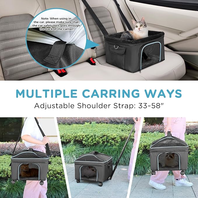 Airline Approved Cat Dog Carrier w Silent Wheel, Pet Carriers for Small Dogs Cats, Soft Travel Carrier Bag w Handle and Shoulder,Ideal for Outdoor (Black)