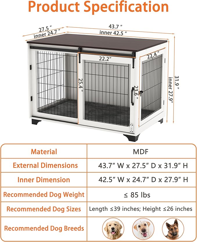 Piskyet Dog Crate Furniture Barn Door Dog Crate for Large Dogs Up to 80 lbs