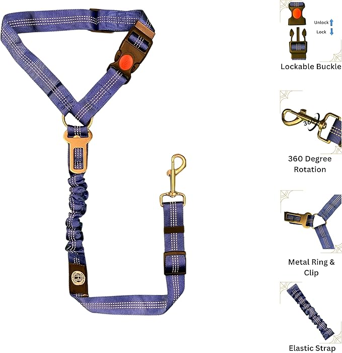 Reflective 2 in 1 Dog Cat Seat Belt Stretchable, Expandable Harness Leash and Headrest Collar Accessary for Vehicle, Pet Safety, Nylon, Heavy Duty and Elastic (Blue)