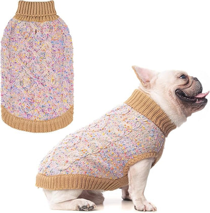 BEAUTYZOO Cable Knit Small Dog Sweater, Color Block with Fuzzy Thread Knitted Turtleneck Dog Knitwear with Dots in a Variety of Colors for Small Medium Dogs Fall Winter Dog Clothes, S Beige