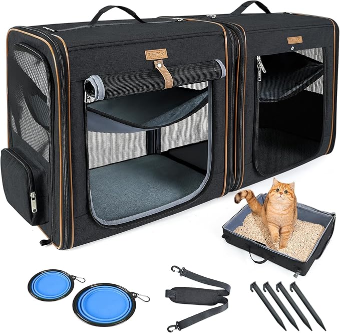 Lekereise 2-in-1 Cat, Dog Carrier for Small Medium Large Pets up to 35 Lbs, (17.7"*2)*16.5"*13" Car Travel Carrier with Litter Box, Bowl, and Locking Zipper - Black