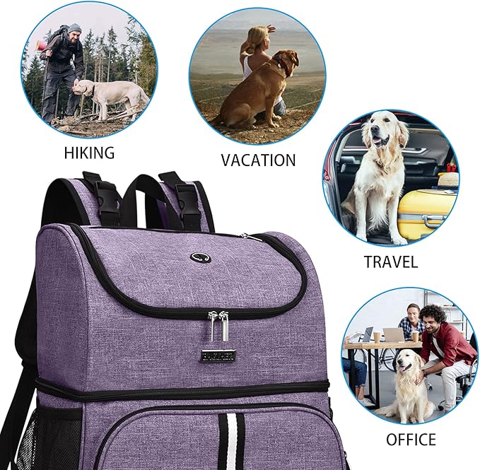 BAGLHER Pet Travel Bag, Double-Layer Pet Supplies Backpack (for All Pet Travel Supplies), Pet Travel Backpack with 2 Silicone Collapsible Bowls and 2 Food Baskets Lavender