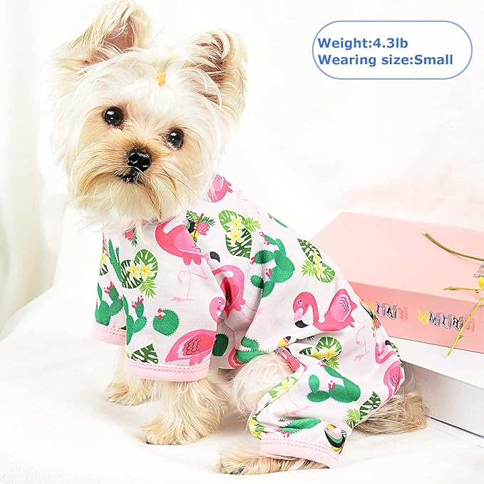 Dog Pajamas Pjs Spring Summer Dog Clothes for Small Dogs Girl - Boy - Medium Size Dogs, Soft Stretchy Puppy Clothes Doggie Onesies Cat Pet Jammies Outfit Tropical Flamingo, Pink