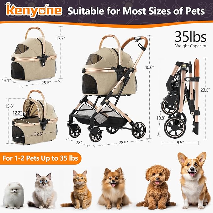 Kenyone 3-in-1 Pet Stroller for Small Medium Dogs
