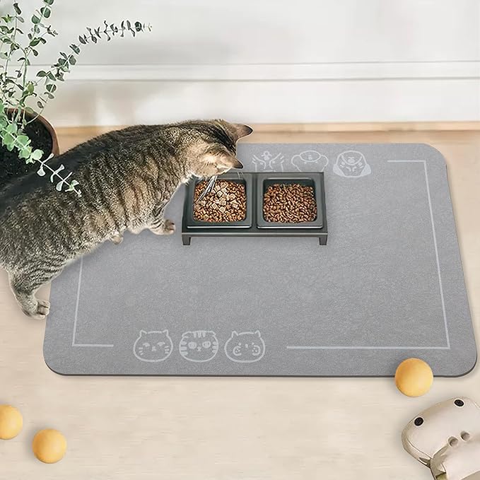 YCT Cat Pet Food Mat, Cat Feeding Mat, Non-Slip Bottom Absorbent Pet Mat, Quick Dry Dog Cat & Dog Food Mat, Pet Supplies Mat, 16.9"x24" Gray