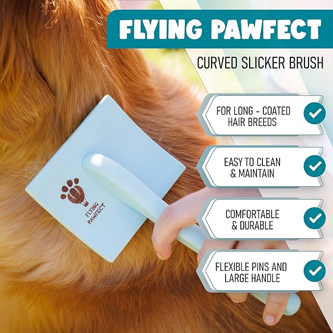 Pet Slicker Brush With Soft Massage Grooming Stainless Steel Pins - For Dematting, Shedding Fur, and Undercoat - Ideal Gift for Professional Pet Groomers - Long Slicker Brush - Flying Pawfect