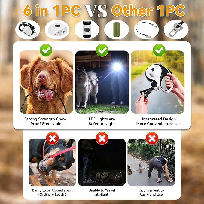 Retractable Dog Leash 16ft 360° Tangle-Free, 6-in-1 with 2 Poop 110lbs. (White, 16ft)