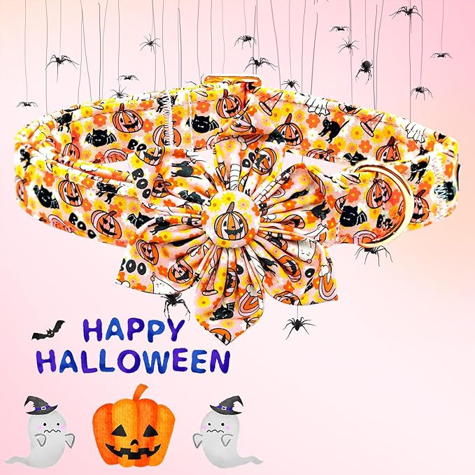 Lionheart glory Premium Halloween Dog Collars Flower Dog Collar Heavy Cotton Adjustable Fall Dog Collar for Large Dogs Pumpkin Dog Collar Flower Dog Collar with Bow Tie