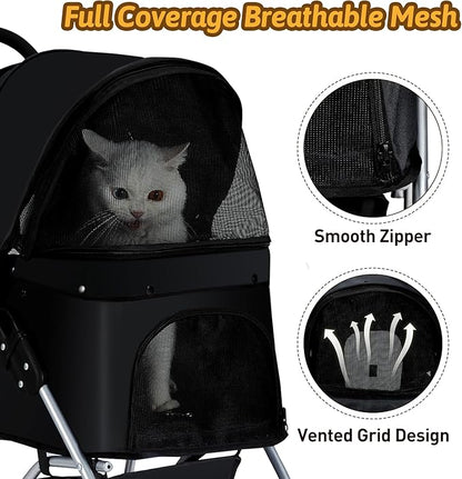 Pet Stroller 4 Wheels Dog Cat Stroller for Medium Small Dogs Cats, Folding Cat Jogger Stroller with Storage Basket & Breathable Mesh, Easy to Walk Travel Carrier, Black