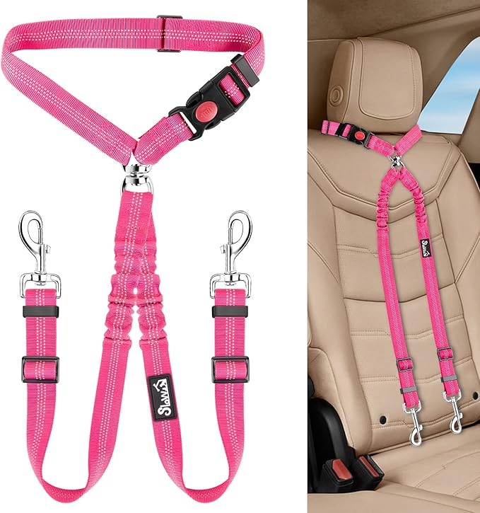 Lukovee Double Dog Seat Belt, New Dual Pet Car Headrest Restraint Safety Seatbelt No Tangle Dog Leash Duty Adjust Elastic Bungee Puppy Lead Splitter Connect Harness in Vehicle Travel for 2 Dogs (FL)