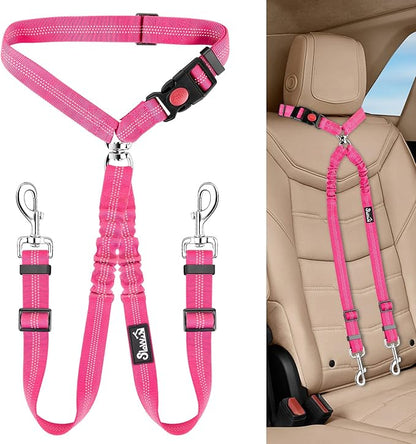 Lukovee Double Dog Seat Belt, New Dual Pet Car Headrest Restraint Safety Seatbelt No Tangle Dog Leash Duty Adjust Elastic Bungee Puppy Lead Splitter Connect Harness in Vehicle Travel for 2 Dogs (FL)