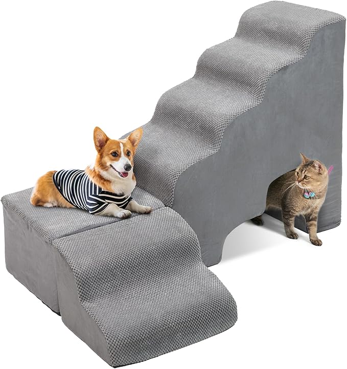 30” Dog Stairs for High Beds, AFATI Pet Stairs, Adjusts to Either Side of Bed, L Shaped Foam Pet Stairs for High Beds, 30 in Height 6 Tier Dog sSteps for Bed, Multifunctional Dog Ramp for Small Dog