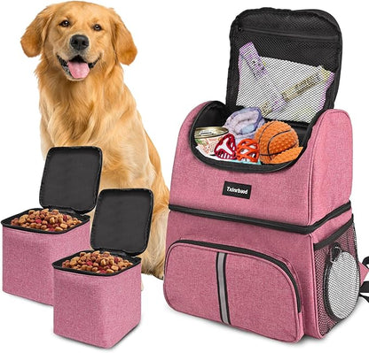 Dog Travel Bag Dog Backpack For Supplies With Food Container Bag for Hiking Overnight Camping Trip Pink