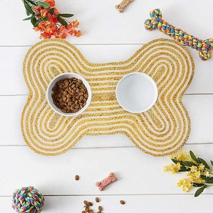 16.5"X21" Jute Cotton Bone Shaped Feeding Mat Dog Cat Bowl Mat Handmade Indoor Rug Door Mats for Entrance Back Door Natural Handmade Dog Placemat (Dog Chew