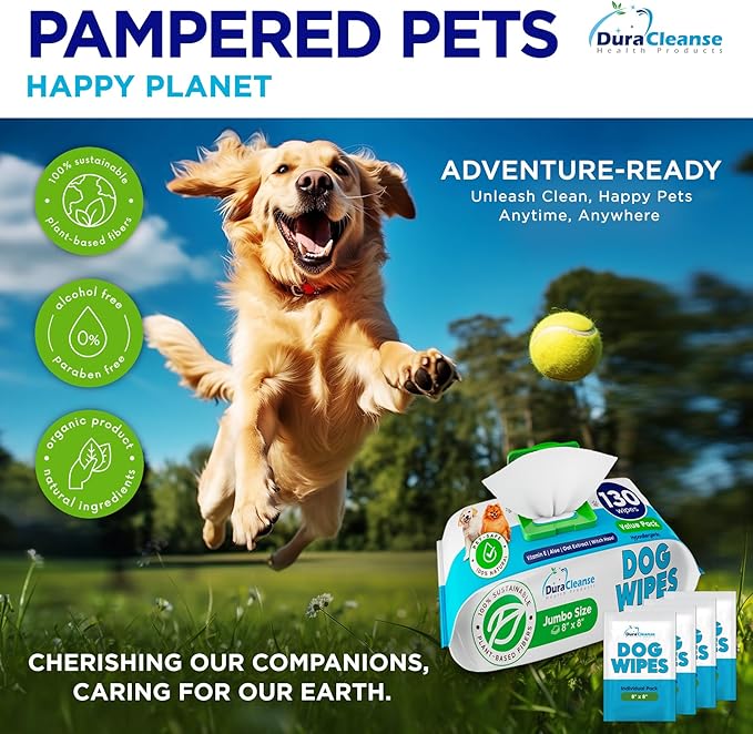 Dog Wipes for Paws Butt and Ears - 3 Pack | 390 Count + 12 Travel Pet Wipes - 8" x 8" Large Dog Grooming Bath Wipes - Hypoallergenic, Extra Thick Cleaning Deodorizing Puppy Wipes for Dogs, Cats, Pets