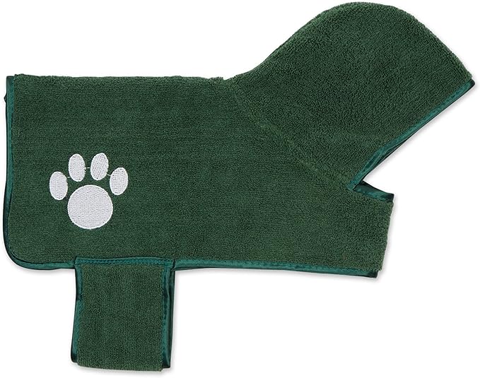 Bone Dry Pet Robe Collection, Embroidered Absorbent Microfiber Bath Robe with Adjustable Closure, for Dogs & Cats, X-Small, Hunter Green