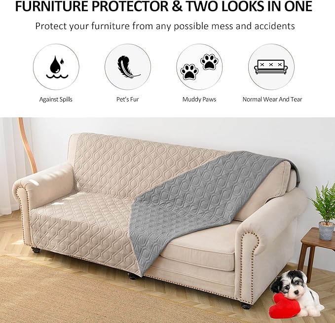 Waterproof Dog Bed Covers for Couch Protection Dog Pet Blanket Furniture Protector (82"X82", Beige+Grey)