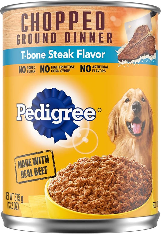 PEDIGREE CHOPPED GROUND DINNER Adult Canned Soft Wet Dog Food, T-Bone Steak Flavor, 13.2 oz. Cans (Pack of 12)