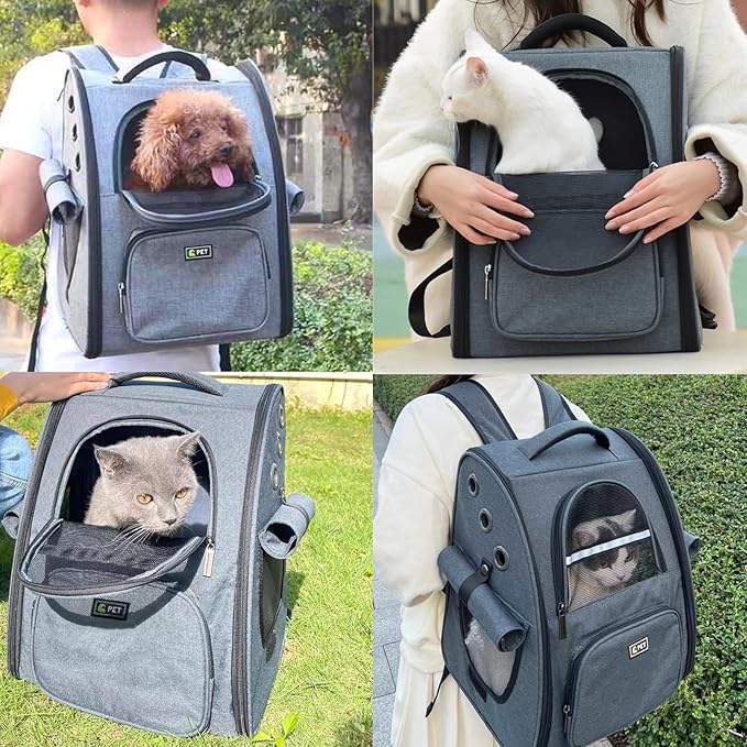 Cat Backpack with Inbuilt Fan, Large Breathable Cat Backpack Dog Carrier, Pet Backpack Carrier for Small Dogs, Foldable Cat Travel Backpack, Portable Cat Carrying Backpack for Hiking Walking, Grey