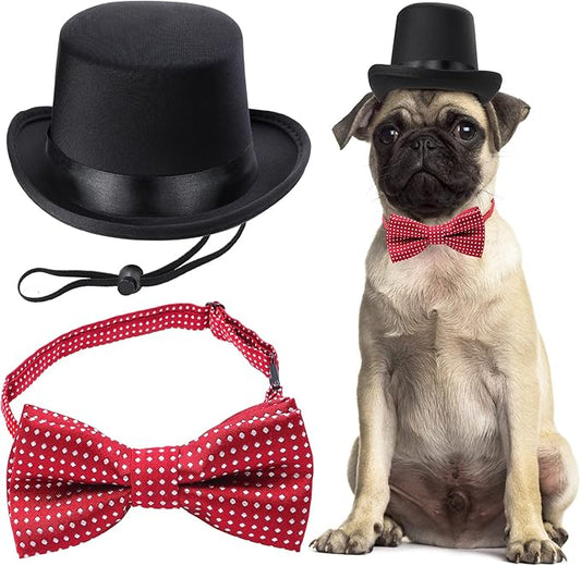 Yewong 2 Pieces Pet Formal Accessories Set - Pet Top Hat with Pet Formal Necktie/Bowtie Birthday Party Gradation Halloween Costumes Accessories for Dog Cat (Red-B) One Size