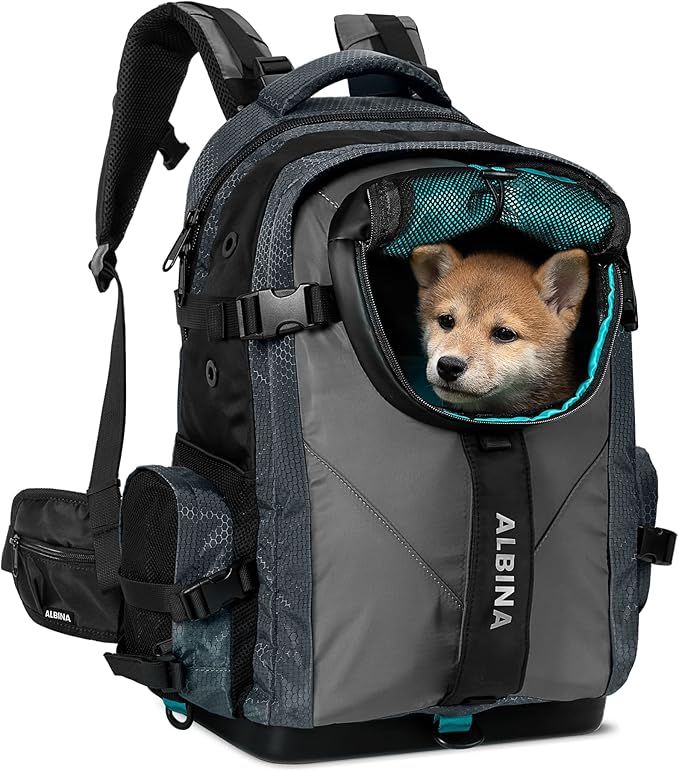 ALBINA Small Dog Carrier Backpack, Waterproof, Ventilated, Snack Pocket, Comfortable Back Panel. Ideal for Small Pet & Cats in Outdoor Activities. Hard EVA Base, Separate Laptop Compartment (Gray)