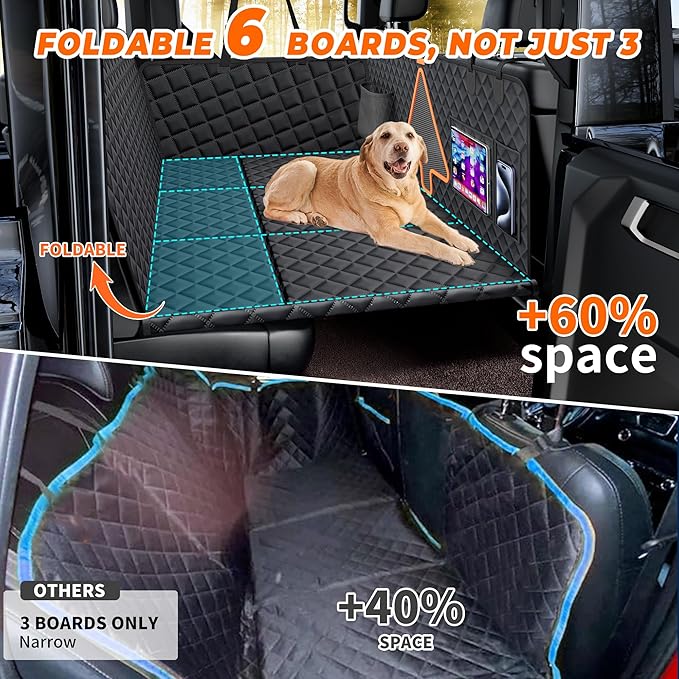 XL Dog Car Back Seat Cover for Trucks,Large Truck Backseat Extender with 6 Foldable Board, Pet Hammock Hard Bottom Bed Waterproof for Full Size Crew Cab Car Like F150 RAM 1500, Silverado,Black