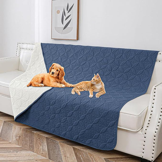 Waterproof Dog Blanket, 52x82 inches Pet Couch Covers for Sofa, Bed Furniture Protector from Dogs Washable and Reversible-Blue+Cream