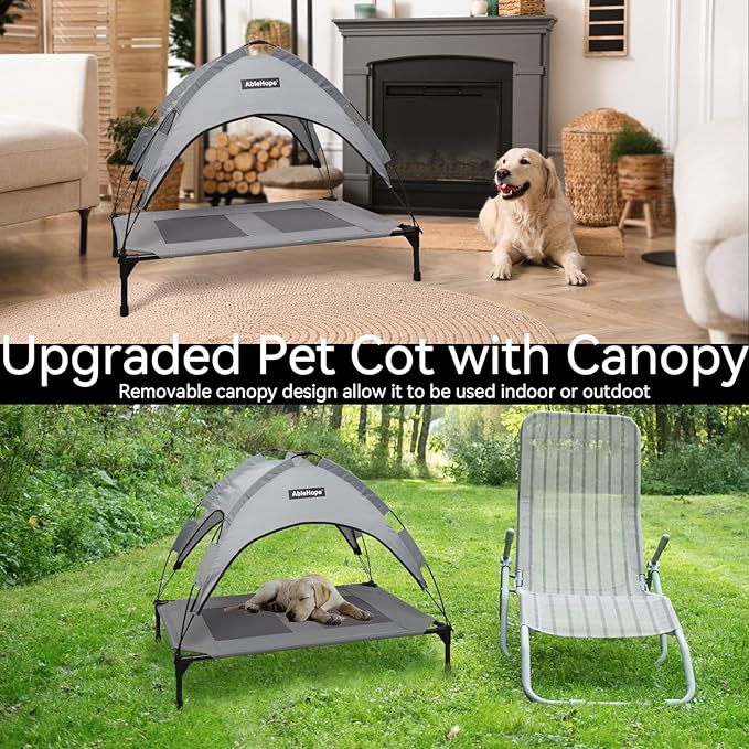 Elevated Dog Bed with Removable Canopy Shade Tent Raised Cooling Pet Cots Bed for Large Medium Dogs Heavy Duty Dog Bed for Indoor & Outdoor Use (Grey 41.7"L x 29.5"W x 33.5"Th)