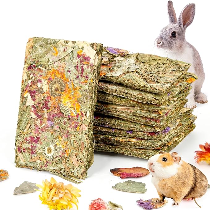 Abizoo Rabbit Natural Treats,10Pcs Timothy Hay Toys Chips Bunny chew Toys with Herbal Flowers Guinea Pig Treats for Hamster Chinchillas Gerbils Rats Small Animals Teeth Care Crisp Snacks