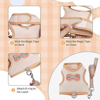 AIITLE Bunny Harness and Leash Set, Soft Breathable Mesh Vest Harness with Cute Bow for Rabbits Kitten Ferret Small Pig Puppy Walking Supplies Beige M