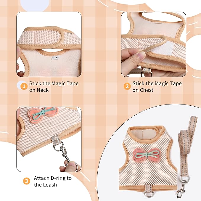 AIITLE Rabbit Harness and Leash Set with Cute Bow, Bunny Leash Vest Mesh Eescape Proof Walking Training for Small Animal Pets Kitten Puppy Squirrel Ferret Pig Bunny Beige S