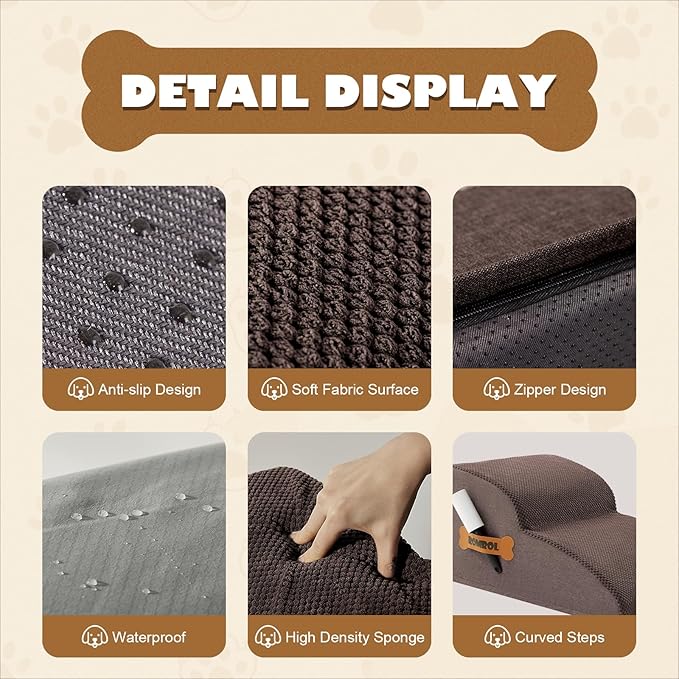 High Density Foam Dog Stairs Ramp for Beds Couches 2-Tiers, Coffee