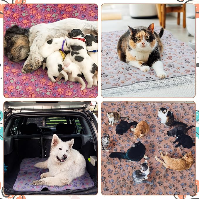 Panelee 4 Pcs Waterproof Dog Blankets Washable Puppy Blanket Paw Print Fleece Blanket for Small Medium pet Cat Whelping Warm Soft Sleep Mat Guinea Pig Cage Liners Blanket (36 x 36 Inch,Multicolor)