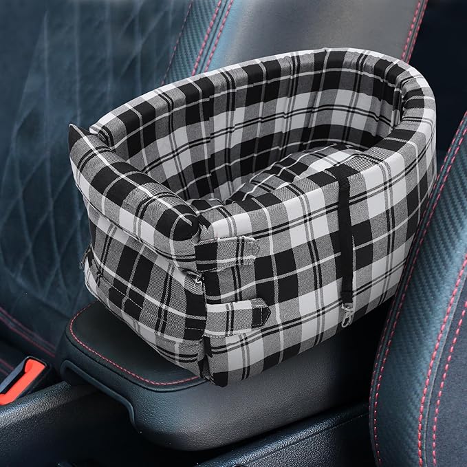 X AUTOHAUX Large Plaid Style Dog Car Seat Adjustable Straps for Medium Small Sized Puppy Cat Seat Pets Soft Non Slip Bottom Travel Bed Black White