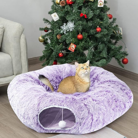 AUOON Cat Tunnel Bed with Central Mat,Big Tube Playground Toys,Soft Plush Material,Full Moon Shape for Kitten,Cat,Puppy,Rabbit,Ferret (Purple)