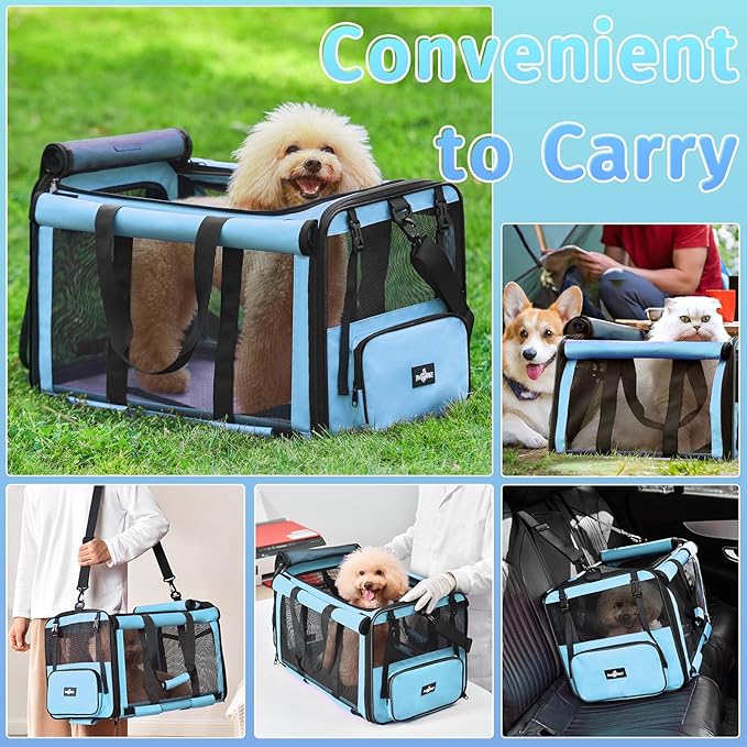 Pet Carrier, Collapsible Large Cat Carrier for 2 Cats, Soft Top Load Cat Carrier Bag for Small Medium Large Cat & Dog Under 30 lbs, Cat Travel Carrier Bag with Safety Lock Zipper, Blue