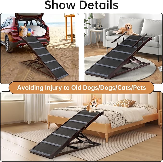 65 inches Dog Ramp for High Bed Couch Sofa, 6 Adjustable from 18"-33", Pet Ramps for Small Large Dogs Get on Bed Couch Car, Folding Portable Dog Stairs Dog Steps for Old Dogs Cat (Dark Brown)