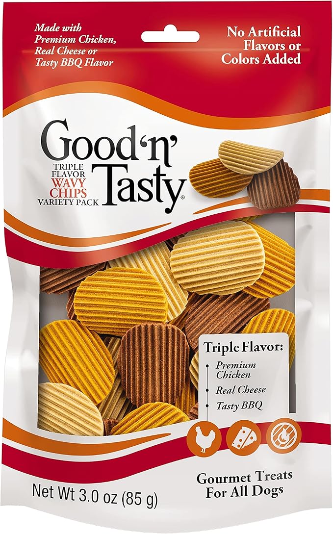 Good'n'Fun Good ‘N’ Tasty Triple Flavor Wavy Chips, 3 Oz, Treats for Dogs