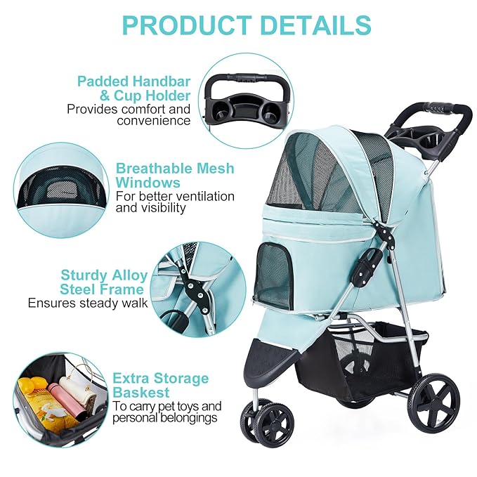 Pet Stroller for Medium Small Dogs and Cats 3 Wheels,