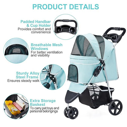 Pet Stroller for Medium Small Dogs and Cats 3 Wheels,